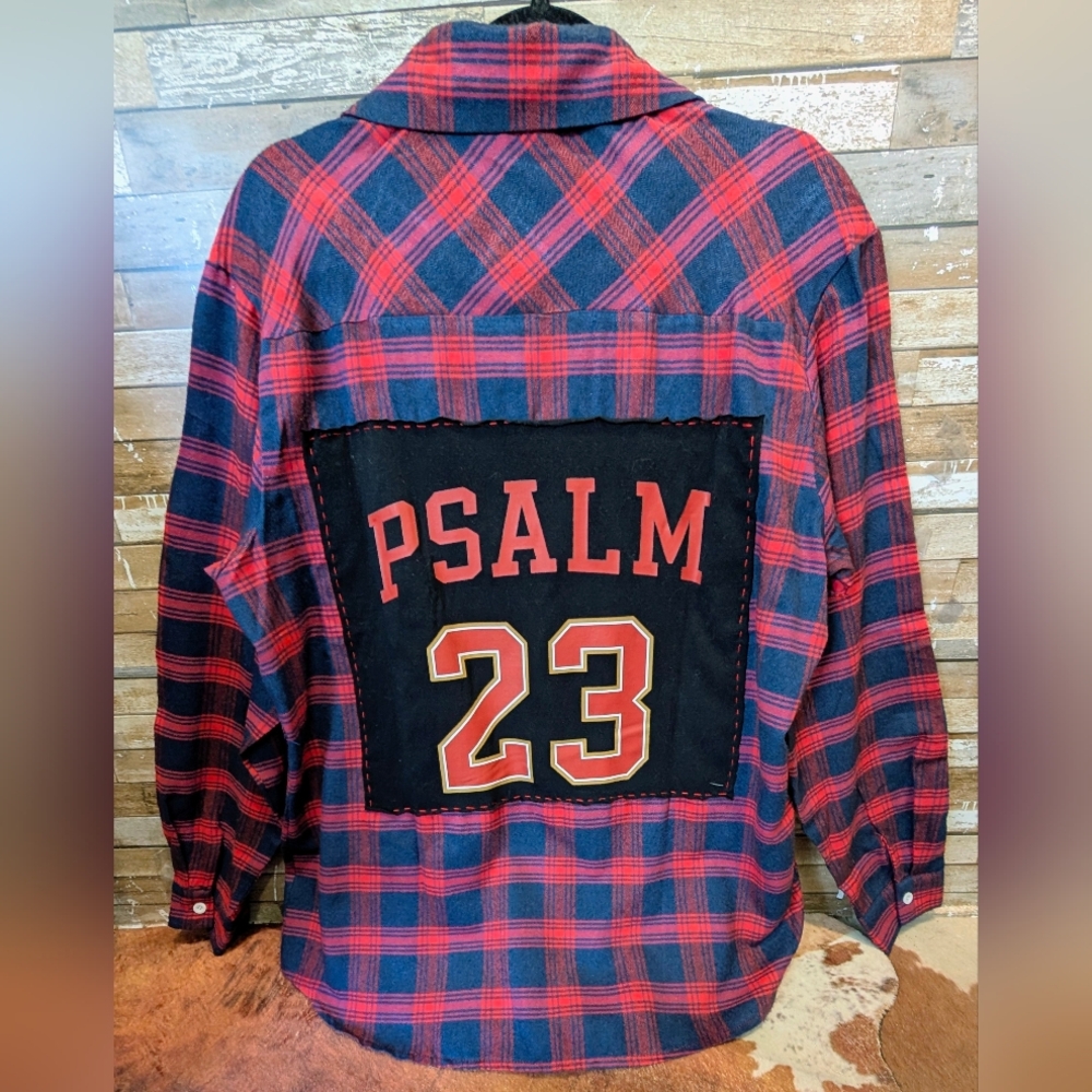 Psalm 23 The Lord Is My Shepard Upcycled Red Black Flannel Shirt